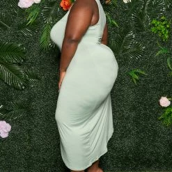 Boutique115 "Sweet Like Kiwi" Side Tie T Shirt Dress Top - Sage Green Tops