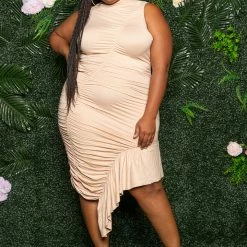 Boutique115 Plus Size "Sweet Thang" Sleevless Ruched Dress - Tan Nude Dresses