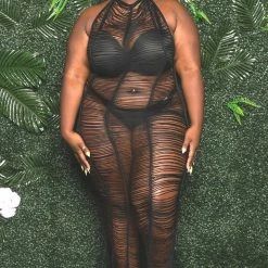 Boutique115 "Dont Play With My Harp" Shredded Maxi Cover Up - Black