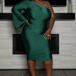 Boutique115 Plus Size " Stepping Out" One Sleeve Dress - Hunter Green Dresses