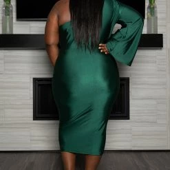 Boutique115 Plus Size " Stepping Out" One Sleeve Dress - Hunter Green Dresses