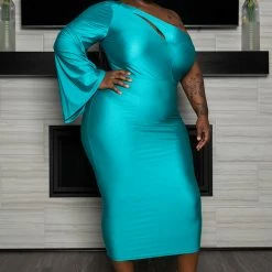 Boutique115 Plus Size " Stepping Out" One Sleeve Dress - Jade