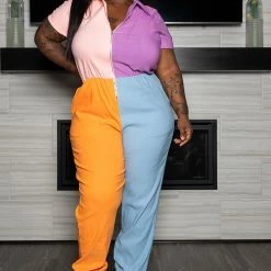 Boutique115 Plus Size "Class Act" Color Block Jumpsuit - Pink Lavender Multi Jumpsuits + Rompers