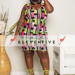 Boutique115 Plus Size "Glam Frenzy" Sequin Color Block Pattern Dress - Multi Fuchsia Lime Green Dresses