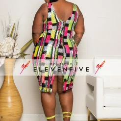 Boutique115 Plus Size "Glam Frenzy" Sequin Color Block Pattern Dress - Multi Fuchsia Lime Green Dresses