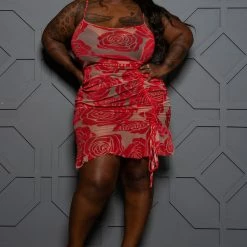 Boutique115 Sales Shop 9 Boutique115 "A Rose Is A Rose" Ruched Burnout Dress - Red Floral Dresses