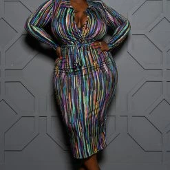 Boutique115 "Etched On My Hips" Long Sleeve Midi Dress - Blue Multi Dresses