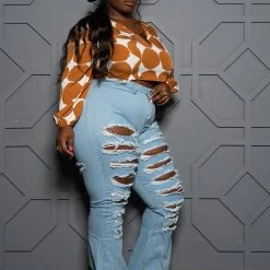 Boutique115 Tops "Orange Moon" Cropped Blouse - Rust Ivory