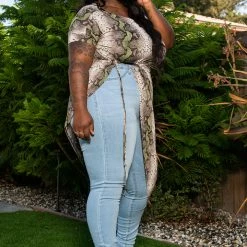 Boutique115 "Side Winder" Snake Print Shirt Dress - Green Brown Ivory