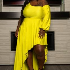 Boutique115 "Break Out The Champagne" One Shoulder Fancy Party Dress - Gorgeous Green Citron