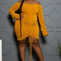Boutique115 Plus Size "Am I Dreamin" Drawstring Off Shoulder Dress - Mustard