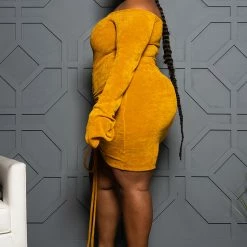 Boutique115 Plus Size "Am I Dreamin" Drawstring Off Shoulder Dress - Mustard