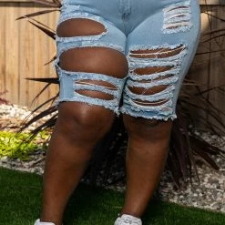 Boutique115 Bottoms "Pound Cake" Bermuda Destroyed Denim Jean Short - Light Blue 20166P