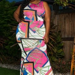 Boutique115 Plus Size "Picture Perfect" Flute Maxi Dress - Fuchsia Pink Multi Dresses