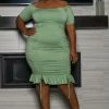 Boutique115 Plus Size "Blossom" Ruched Off Shoulder Flutter Dress - Sage Green Dresses
