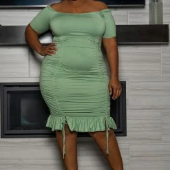 Boutique115 Plus Size "Blossom" Ruched Off Shoulder Flutter Dress - Sage Green Dresses