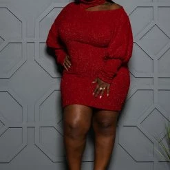 Boutique115 Plus Size "Heaven Sent" Shimmery Choker Sweater Dress - Black