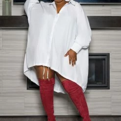 Boutique115 "Old Town Road" Oversized Button Up Shirt Dress - White Tops