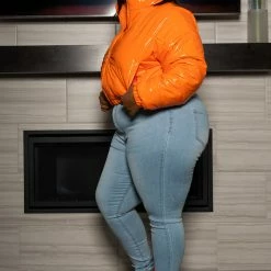 Boutique115 "Bubble Up" Patent Cropped Puff Jacket - Orange