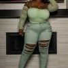 Boutique115 Plus Size "Apple Bottom" Destroyed Bell Jeans - Sage Green Bottoms