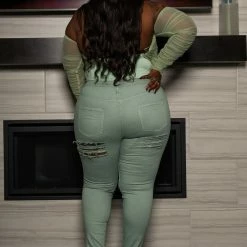 Boutique115 Plus Size "Apple Bottom" Destroyed Bell Jeans - Sage Green Bottoms