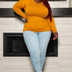 Boutique115 Tops Plus Size "Top It Off" Long Sleeve Crew Neck - Mustard