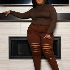 Boutique115 Plus Size "Apple Bottom" Destroyed Bell Jeans - Brown
