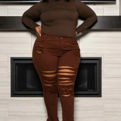 Boutique115 Plus Size "Apple Bottom" Destroyed Bell Jeans - Brown