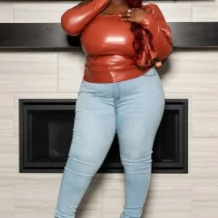 Boutique115 Tops "Plus Size " Too Spicy" Vegan Leather Ruffle Top - Rust Cognac