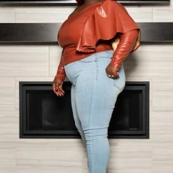 Boutique115 Tops "Plus Size " Too Spicy" Vegan Leather Ruffle Top - Rust Cognac