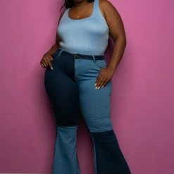 Boutique115 "Brick House" Color Block Bell Bottom Jeans - Medium Dark Denim 144725p