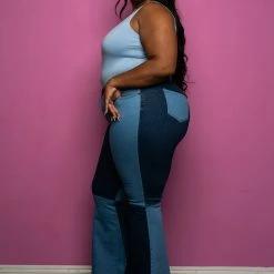 Boutique115 "Brick House" Color Block Bell Bottom Jeans - Medium Dark Denim 144725p