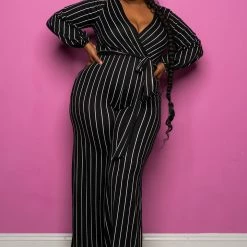 Boutique115 Jumpsuits + Rompers "Follow The Lines" Wide Leg Pinstripe Jumpsuit - Black White