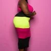 Boutique115 "Under Construction" Color Block Midi Dress - Fuchsia Neon Green Black