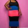 Boutique115 Dresses "Under Construction" Color Block Midi Dress - Royal Blue Neon Pink Black