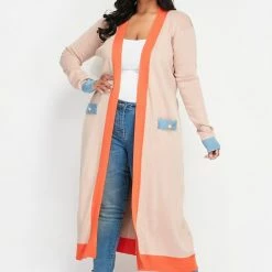 Boutique115 "My Favorite Sweater" Color Block Maxi Cardigan - Khaki Orange Blue