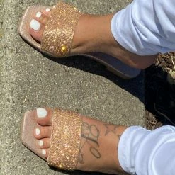 Boutique115 Cape Robbin "Zala" Square Toe Rhinestone Glitter Sandal - Rose Gold