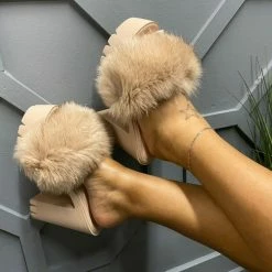 Boutique115 Shoes "Chardonnay" Fur Block Heel Shoe - Nude
