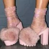Boutique115 "Chardonnay" Fur Block Heel Shoe- Blush Mauve