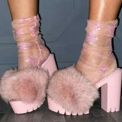 Boutique115 "Chardonnay" Fur Block Heel Shoe- Blush Mauve