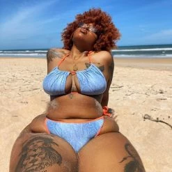 Boutique115 Poolside Ready "Bikini Bottoms" String Tie Swim Set - Denim Orange