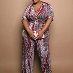 Boutique115 Jumpsuits + Rompers "Twisted Beauty" Belted Wide Leg Jumpsuit - Burgundy Green Pink