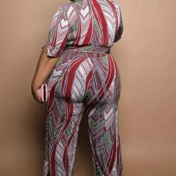 Boutique115 Jumpsuits + Rompers "Twisted Beauty" Belted Wide Leg Jumpsuit - Burgundy Green Pink