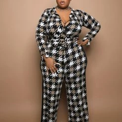 Boutique115 "Check Me Out" Houndstooth Wide Leg Jumpsuit - Beige Black White Jumpsuits + Rompers