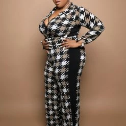 Boutique115 "Check Me Out" Houndstooth Wide Leg Jumpsuit - Beige Black White Jumpsuits + Rompers