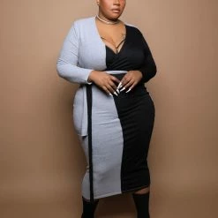 Boutique115 "Mixed Chic" Two Tone Mock Wrap Dress - Gray Black