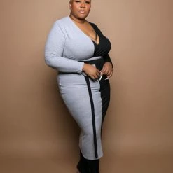 Boutique115 "Mixed Chic" Two Tone Mock Wrap Dress - Gray Black