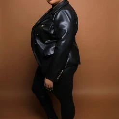 Boutique115 Outerwear "I Call My Own Shots" Vegan Leather Gold Button Blazer - Black