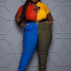 Boutique115 Plus Size "Class Act" Color Block Jumpsuit -Blue Mustard Multi