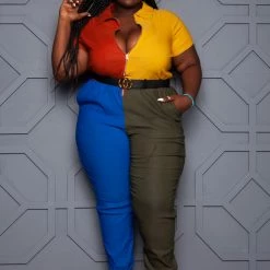 Boutique115 Plus Size "Class Act" Color Block Jumpsuit -Blue Mustard Multi